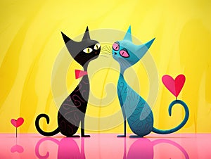 Two stylized cats with heart-shaped tails. The concept is love and companionship.