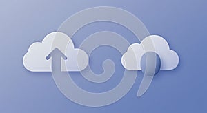Two stylized cloud icons on a gradient blue background represent digital storage