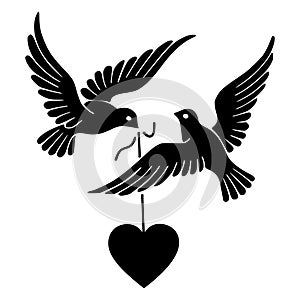 Two stylized doves are depicted in black silhouette against a white background.