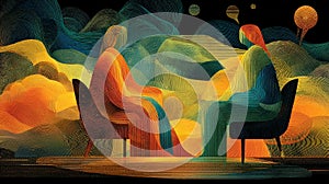 Abstract illustration of two people in conversation, colorful shapes and lines