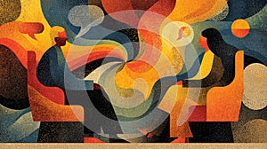 Abstract illustration of two people in conversation, colorful shapes and lines