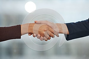 Two successful businesswomen shaking hands in office standing against big window