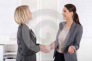 Two successful happy businesswoman talking together. photo