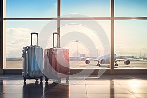 Two suitcases in empty airport hall, traveller cases in departure airport terminal waiting area, vacation concept