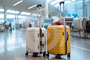 Two suitcases in empty airport hall, Vacation concept, Advertisement banner for air travels and flight bookings