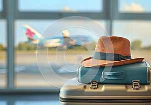 Two Suitcases and a Hat on Tiled Floor