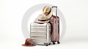 Two suitcases, one silver, one brown, with hats, e against a white backdrop photo