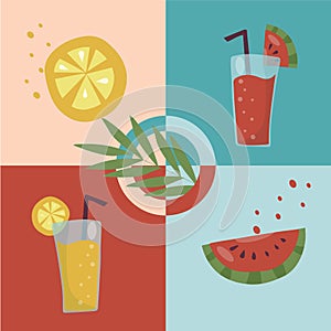 Two summer refreshing fruit cocktails. Non-alcoholic drinks in a simple glass glass and straw. Smoothie design and fresh fruit