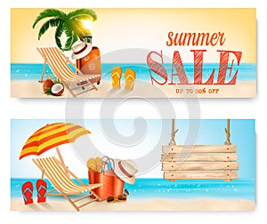 Two Summer Sale Banners With Beach Chair And Ocean.