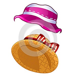 Two summer womens hats in vintage style isolated on white background. Vector cartoon close-up illustration.