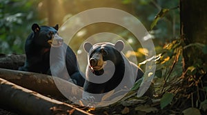 two sun bears are relaxing in the morning in the forest