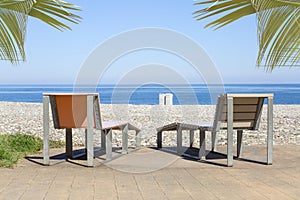 Two sun loungers with sea view, framed by palm leaves