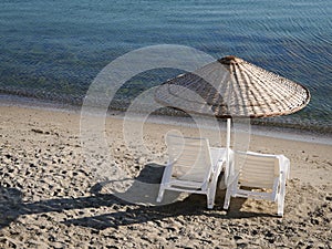 Two sunbeds at the beach in Kadikoy, Istanbul, Turkiye