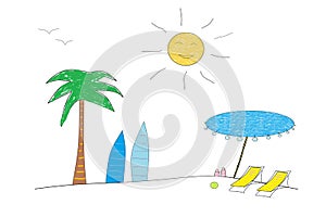 Two sunbeds with sun umbrella and surfboards on the sandy beach with palm tree