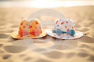 two sunhats with heart patterns lying on sand