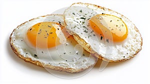 Two sunny-side-up fried eggs with golden yolks, crispy edges, and sprinkled herbs on a white background photo
