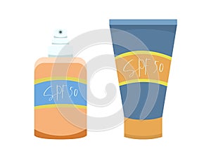Two sunscreen bottles with SPF50 copy included, flat style, isolated on white background