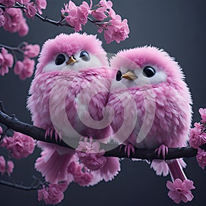 two super cute fluffy birds standing on a branch full of flowers