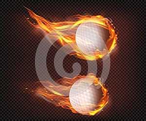 Golf balls flying in fire realistic vector photo