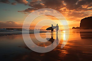 Surfers on the ocean at sunset by Generative AI