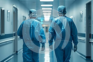 Two surgeons in blue scrubs walking down a clinical corridor, symbolizing teamwork in healthcare