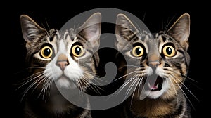 Two surprised cats on a black background