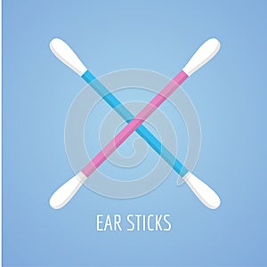 Two swabs, ear sticks in flat style on blue background. Medical tools, hygiene objects