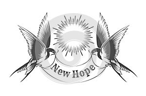 Two Swallow Birds Holds Banner with Wording New Hope Tattoo