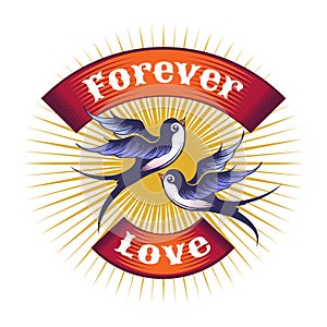 Two Swallows and Banner with wordings Forever Love Tattoo