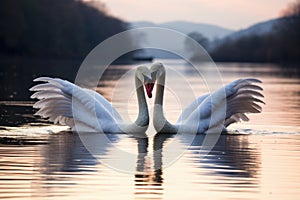 two swans forming a heart shape with their necks on a lake