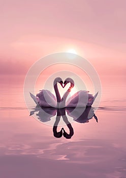 Two swans forming a heart shape with their necks on a tranquil lake as the sun sets