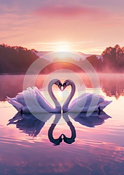 Two swans forming a heart shape with their necks on a tranquil lake as the sun sets. Love and romantic concept