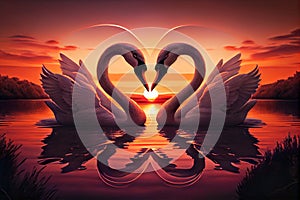 Two swans making a heart shape at sunse. Realistic ilustration. Generative ai