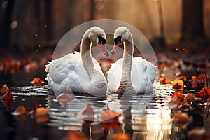 Two swans swimming in the lake with autumn leaves in the background