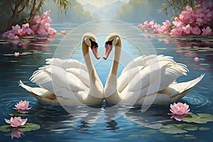 Two swans swimming on the lake with pink flowers in the background