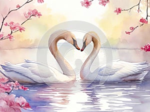 Two swans in a tender embrace, watercolor illustration. Valentine's Day card. With space for text. Generative AI