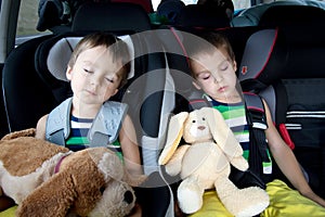 Two sweet boys, sleeping in the car with teddy bears