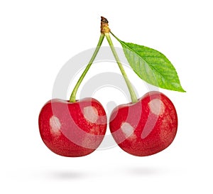 Two sweet cherries with green leaf isolated
