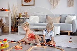 Two sweet children, siblings, playing with trains at home