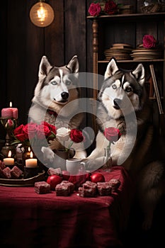 two sweet husky puppies with flowers and hearts. AI Generated