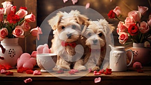 two sweet puppies with flowers and hearts. AI Generated