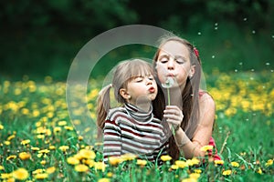 Two sweet sisters blowing dandelion seeds away in the green meadow.