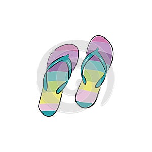 Two swimwear sandles isolated. Bright color hand drawn icon sketchy in scribble retro style. Top close-up view. Colorful flip Flop
