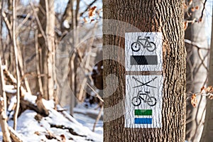 The two swords and bike path, trail sign on tree bark. Black, green and blue cycling paths.