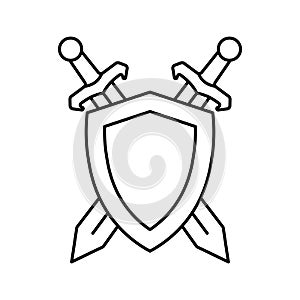 Two swords and shield icon in linear style.