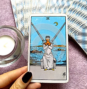 2 Two of Swords Tarot Card Mental Decisions Stressful/Painful Decisions Cross Purposes photo