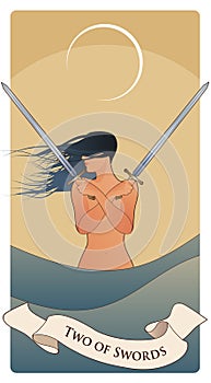 Two of swords. Tarot cards. Wind-haired woman with two swords crossed over her chest, in the sea under the crescent moon