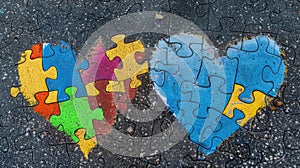 Two symbols - autism and down syndrome drawn in chalk on an asphalt path.