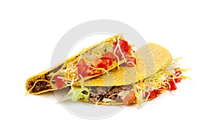 Two tacos on a white background
