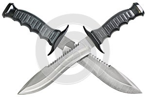 Two Tactical Combat Hunting Survival Bowie Knives With Crossed Blades Isolated On White Background